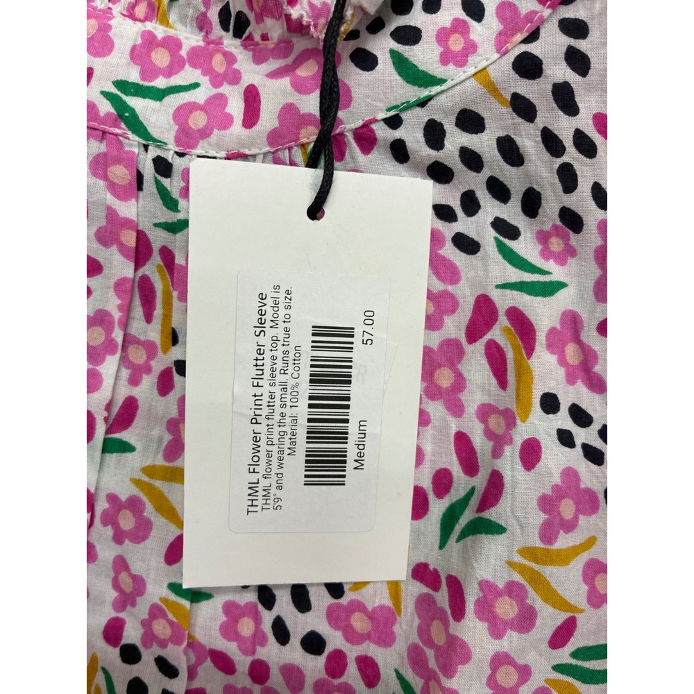 THML Flower Print Flutter Sleeve Top Pink Floral Polka Dot Cotton Blouse Medium - Picture 4 of 6